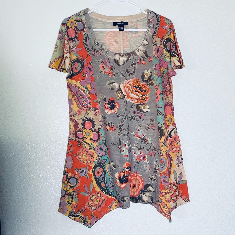 🍓 Style & Co. Floral Asymmetrical Boho Studded Embellished Floral Tunic Small